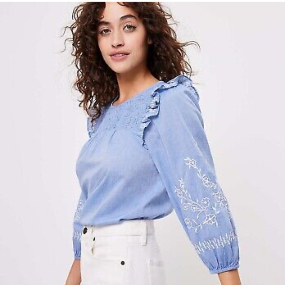 LOFT Embroidered Smocked Blouse